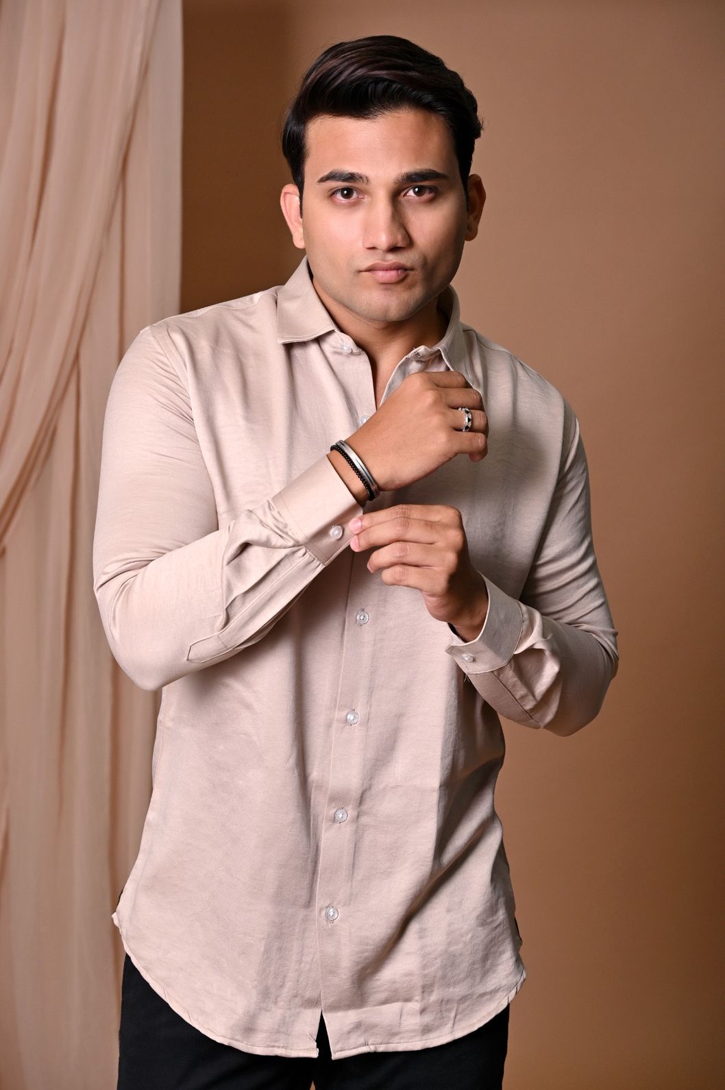 Beige Swed Satin Shirt - Image 3