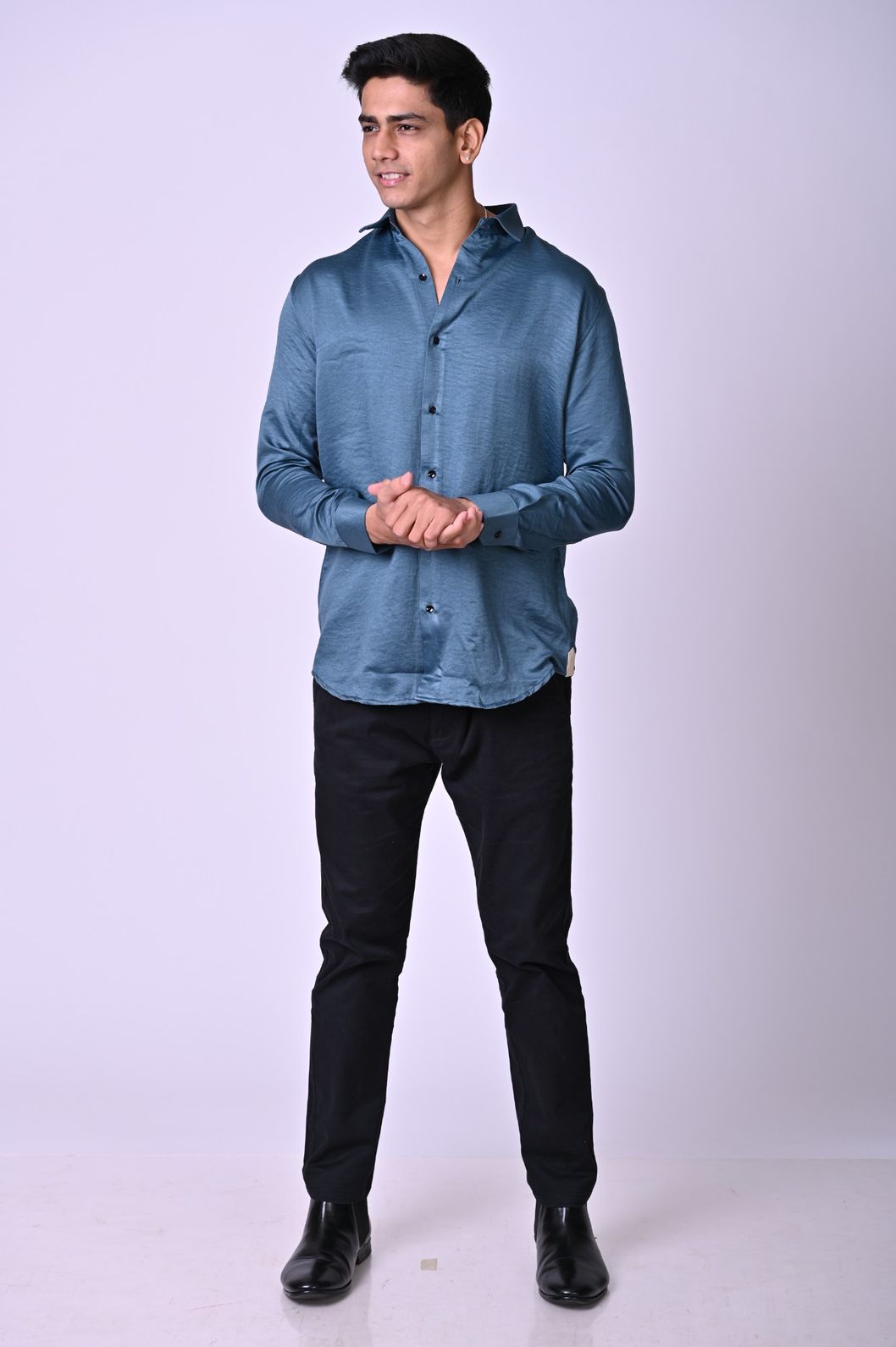 Dark Blue Swed Satin Shirt - Image 3