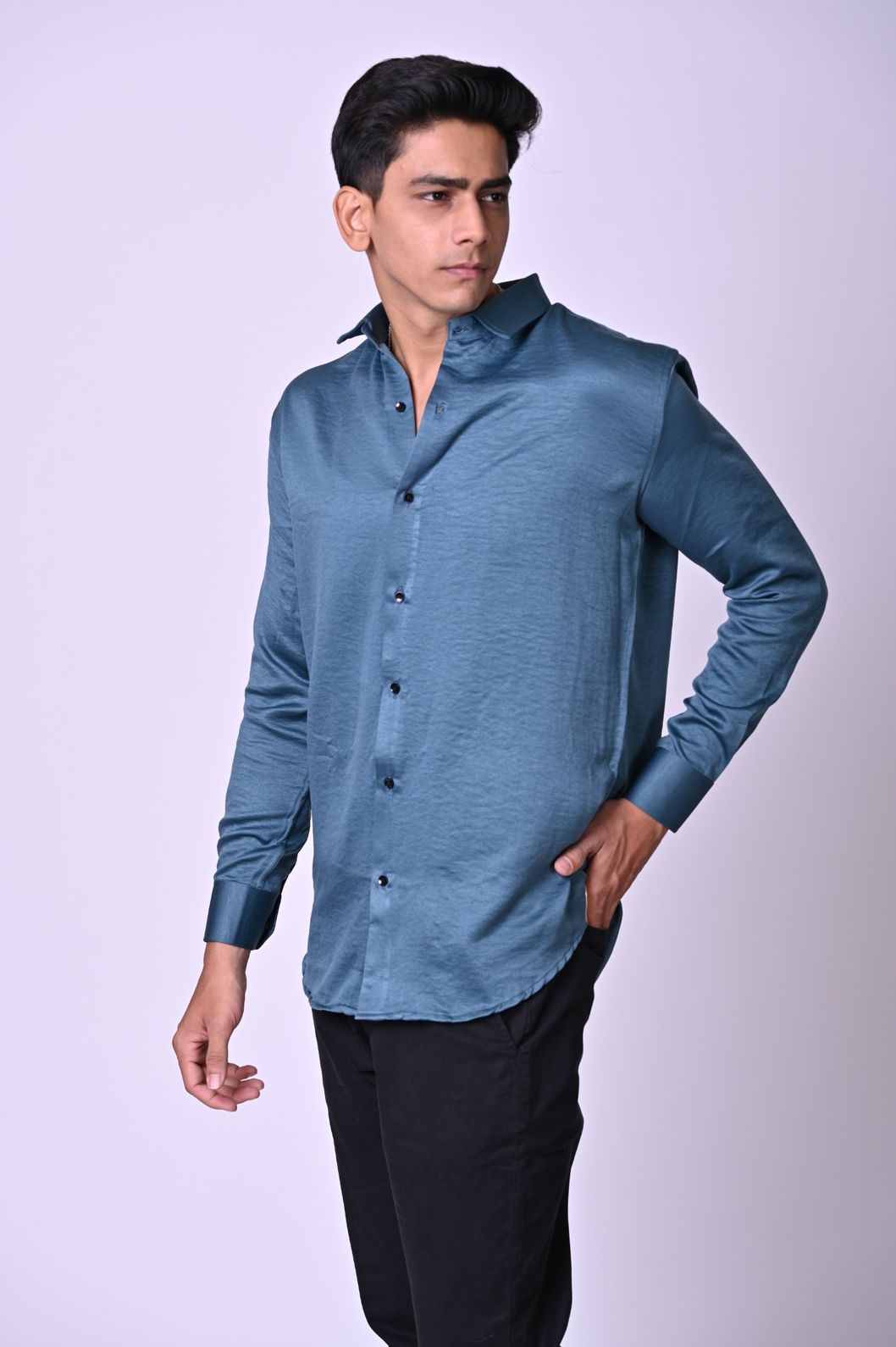 Dark Blue Swed Satin Shirt - Image 4