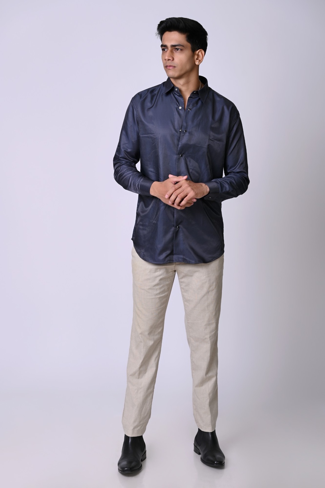 Dark Blue Mocha Satin Shirt - Image 5