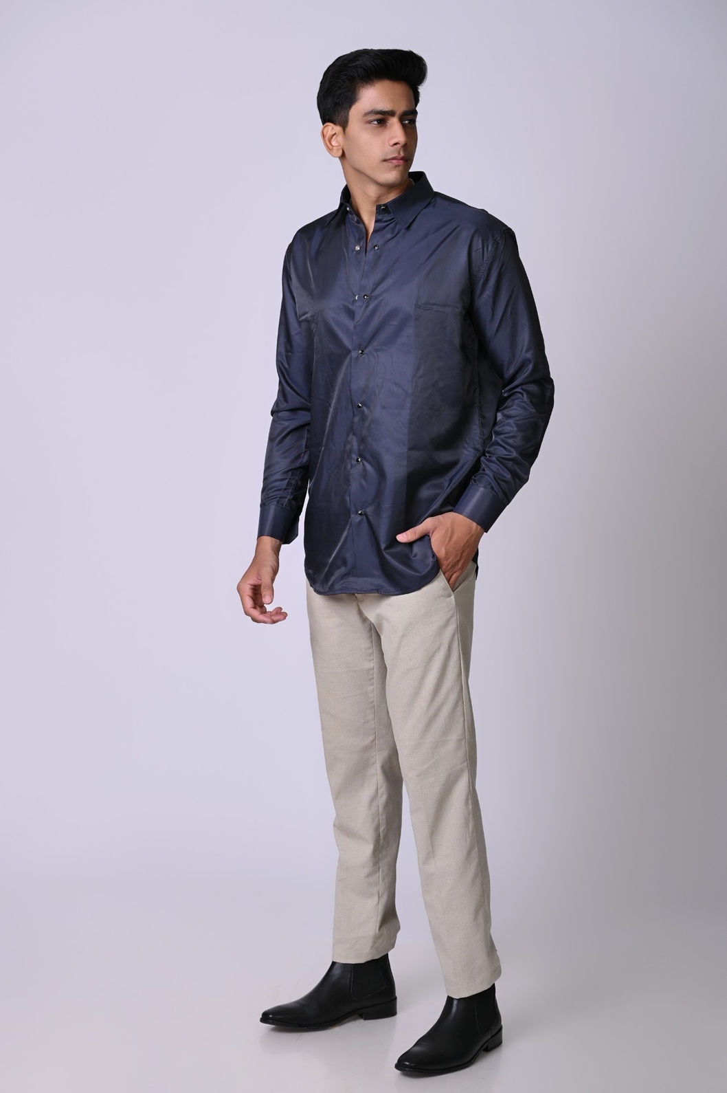 Dark Blue Mocha Satin Shirt - Image 4