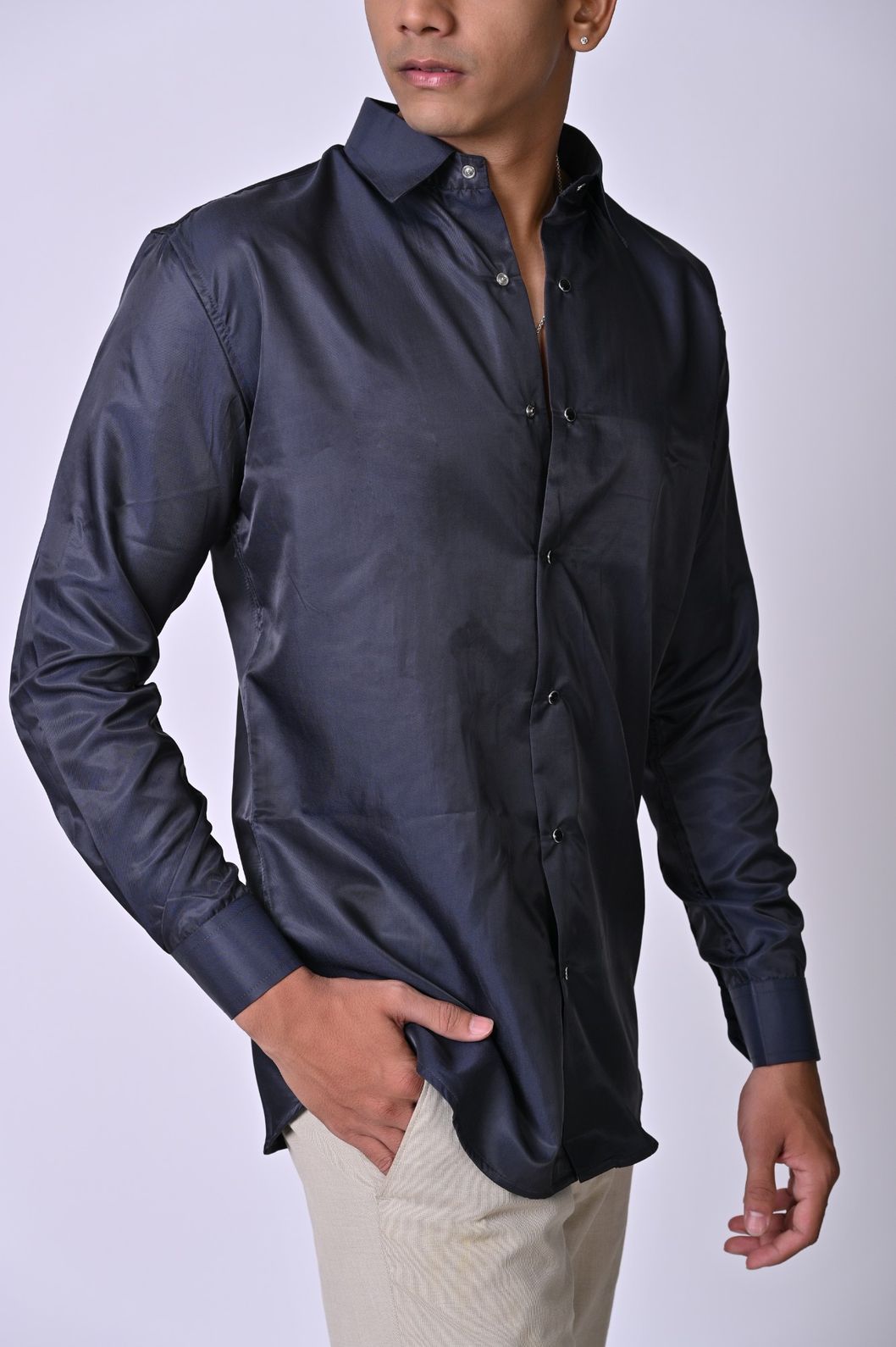 Dark Blue Mocha Satin Shirt - Image 3
